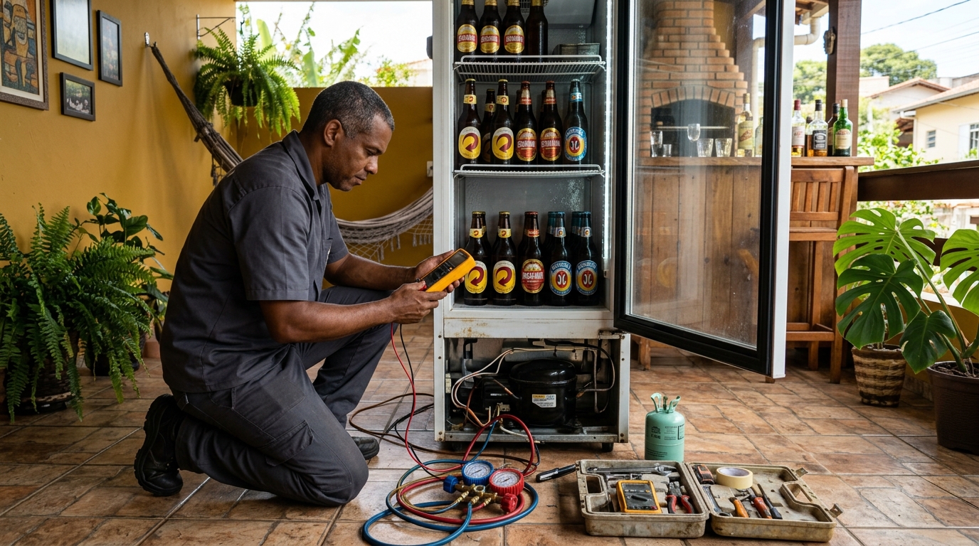 Placa eletrônica de cervejeira em reparo na bancada em Belém‑PA