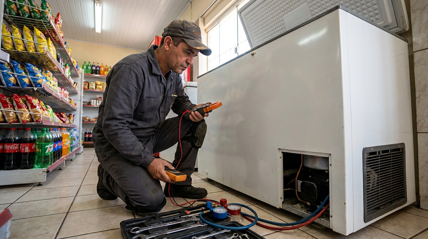 Reparo da placa eletrônica de um freezer em atendimento em Belém‑PA