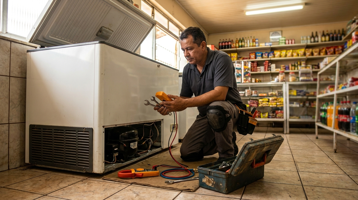 Técnico reparando o motor de um freezer horizontal em Belém‑PA