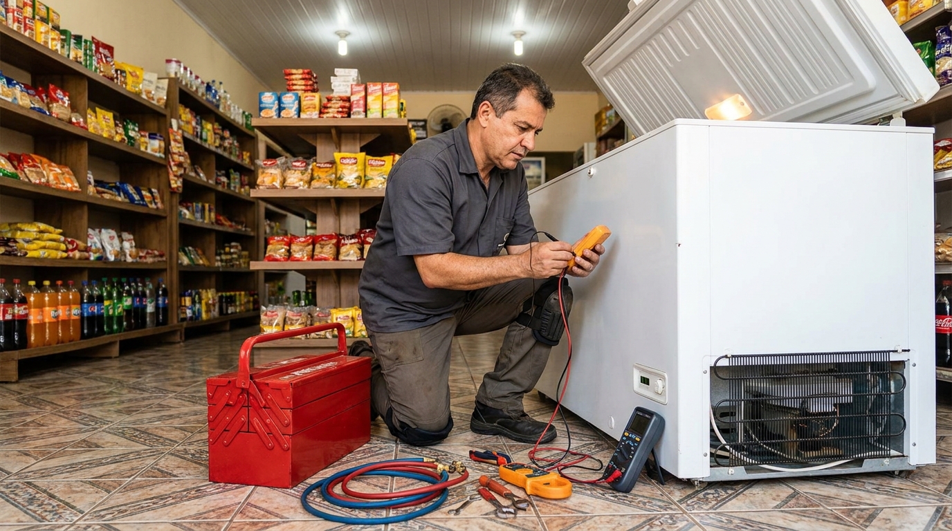 Manômetro conectado ao circuito durante recarga de gás de freezer em Belém‑PA