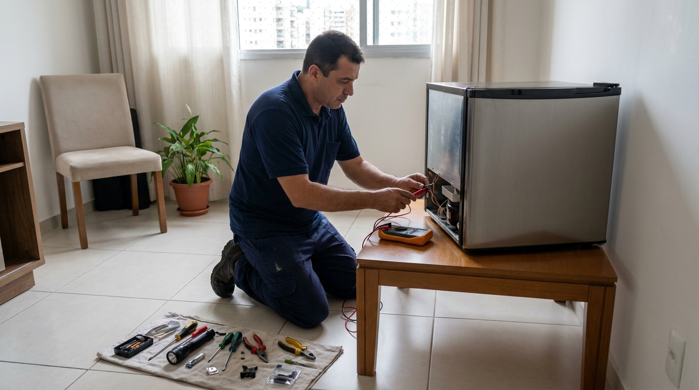 Técnico avaliando um frigobar compacto durante atendimento em Belém‑PA